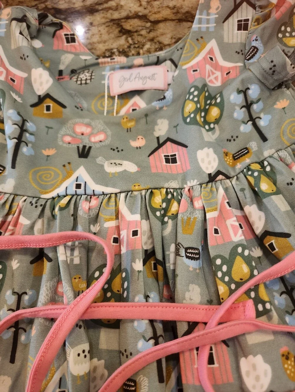 Girl's Village-Print Matching Set with Pink Ruffle Bloomers
